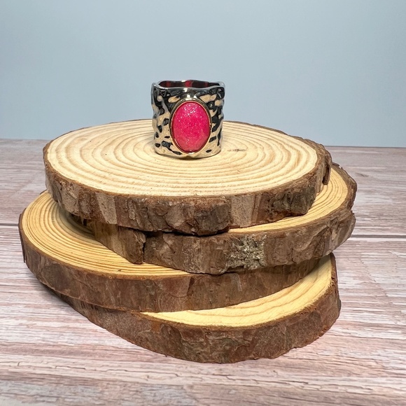 Wide Band Ring with Pink Oval Resin Stone - Picture 1 of 6